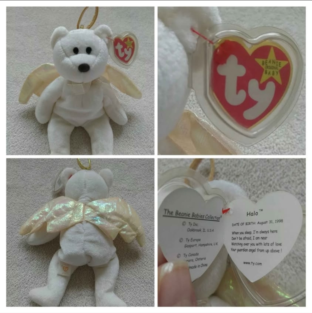 NWT! COLLECTIBLE TY BEANIE BABIES.    ~HALO~  THE ANGEL BEAR. 1998!! RARE!